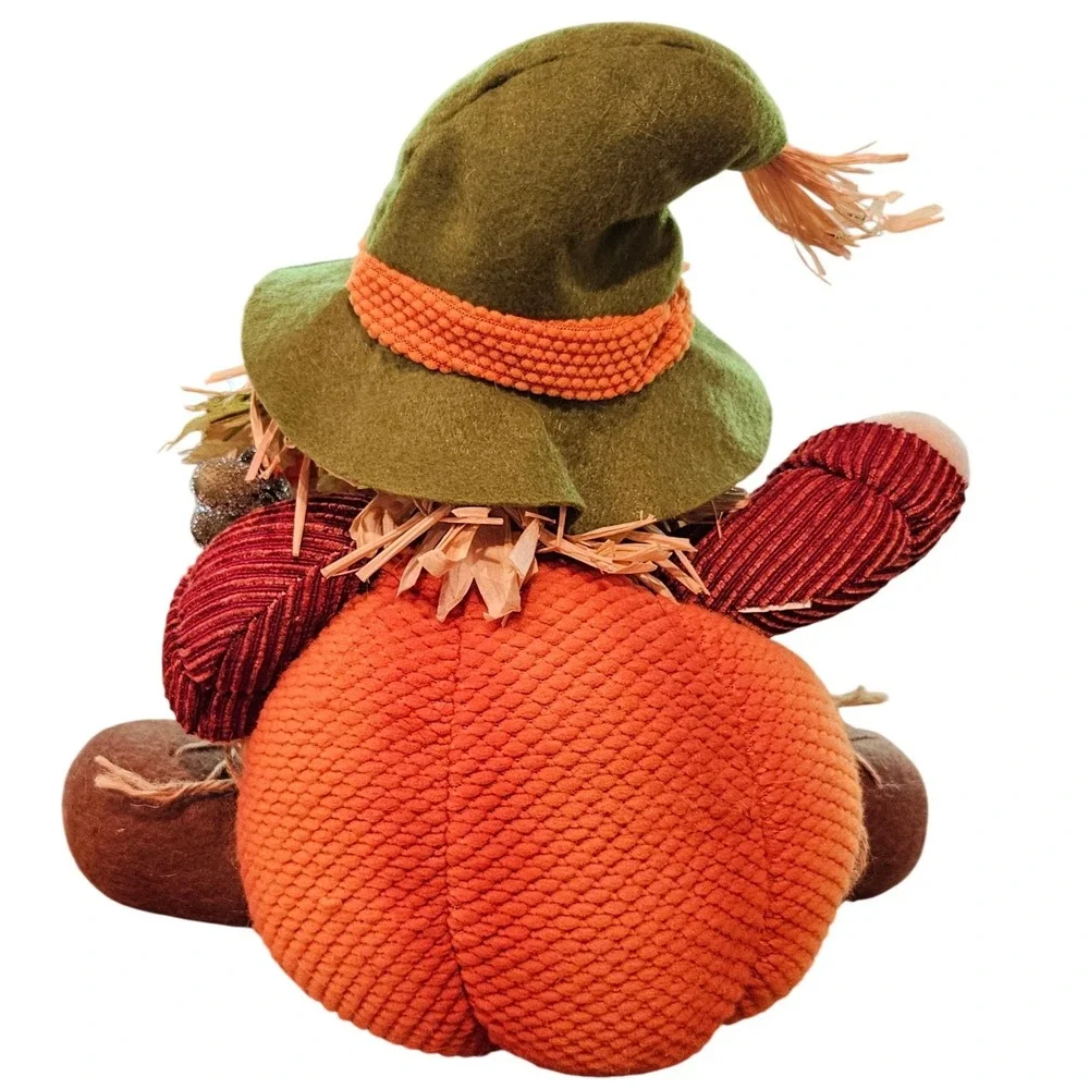 Fall Harvest Scarecrow Pumpkin Plush Tabletop Decor Orange Green Rustic 12 Inch